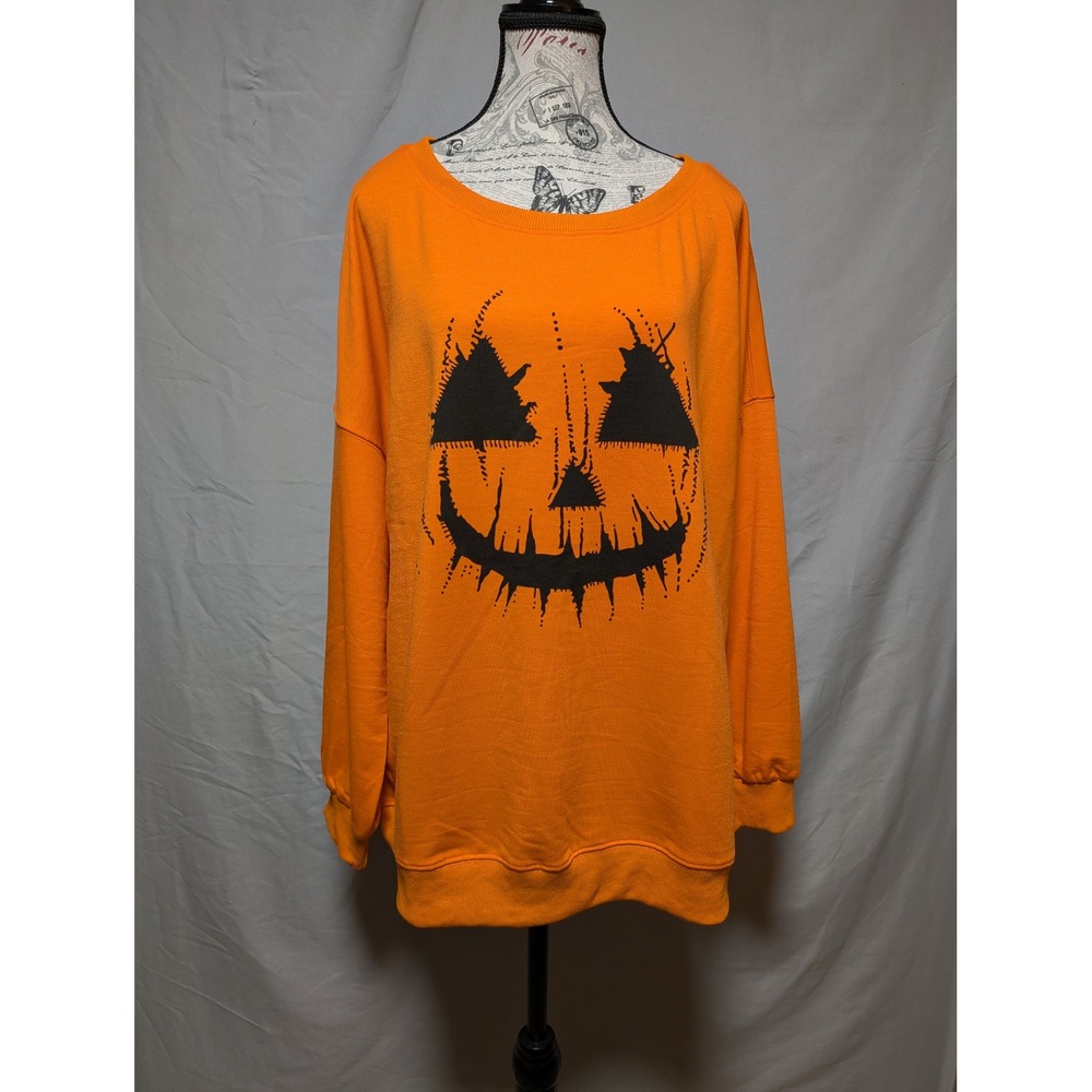 Orange Halloween Jack O Lantern Sweater Pumpkin Cotton Sweatshirt Women's‎ XL